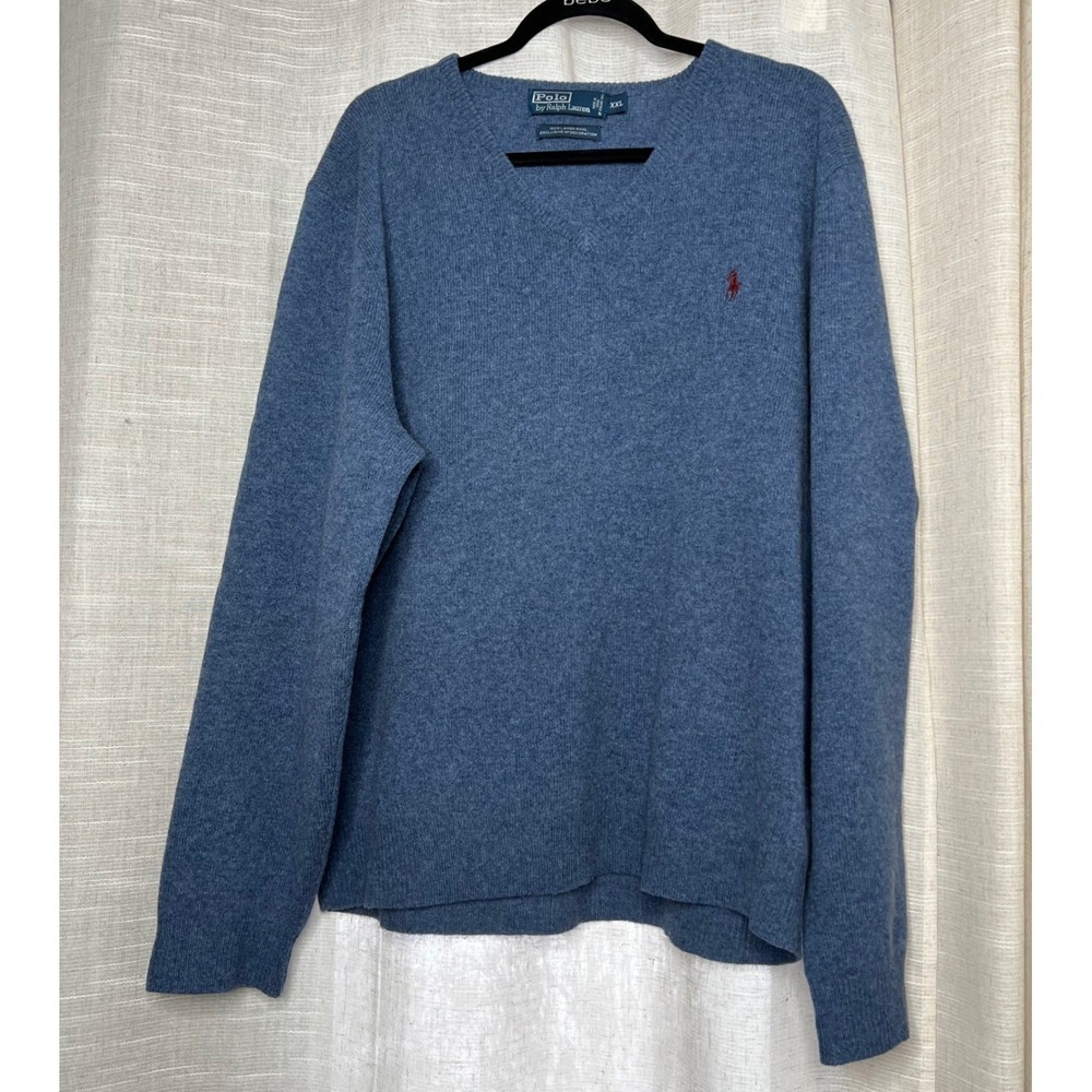 Vintage Polo Ralph‎ Lauren Lambswool Sweater Blue Pony V Neck Men's Size XXL